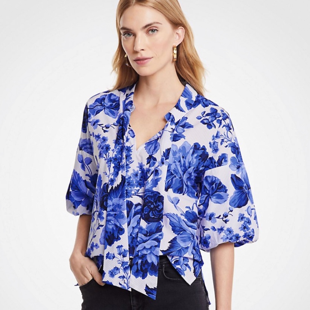 NWT Ann Taylor Floral Tie Neck Puff Sleeve Blouse